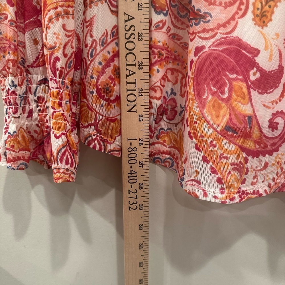 Harper 241 Boho Blouse Top Red Orange Paisley Lined Sheer Arms Tie Sz L - Picture 4 of 11
